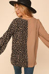 Leopard Half Color Block V Neck Banded Top - Curvy Size