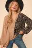 Leopard Half Color Block V Neck Banded Top - Curvy Size