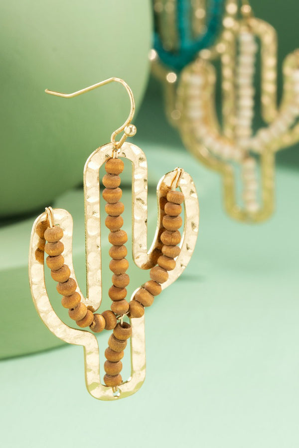 Wood Bead Cactus Earrings