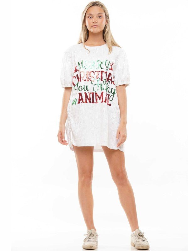 Merry Christmas You Filthy Animal Sequin Dress - Blush & Cactus