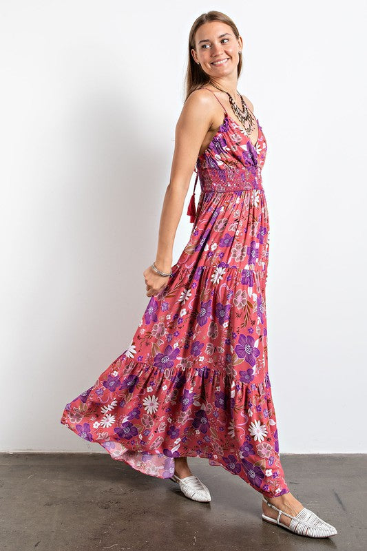 XMAS JULY Floral Printed Rayon Gauze Maxi Dress