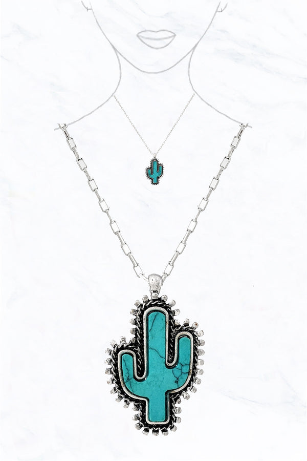 Turquoise Stone Cactus Pendant Chain Necklace
