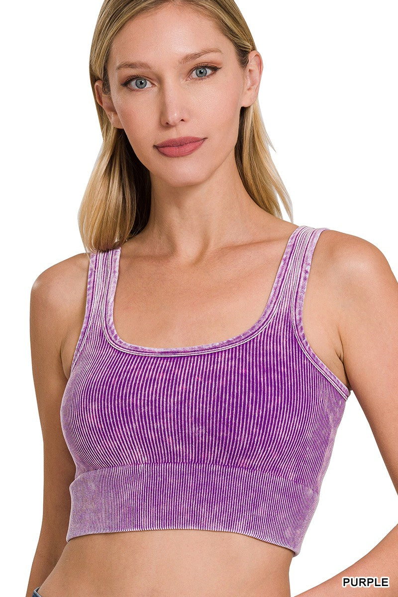 Washed Ribbed Square Neck Cropped Tank Top - 14 Colors