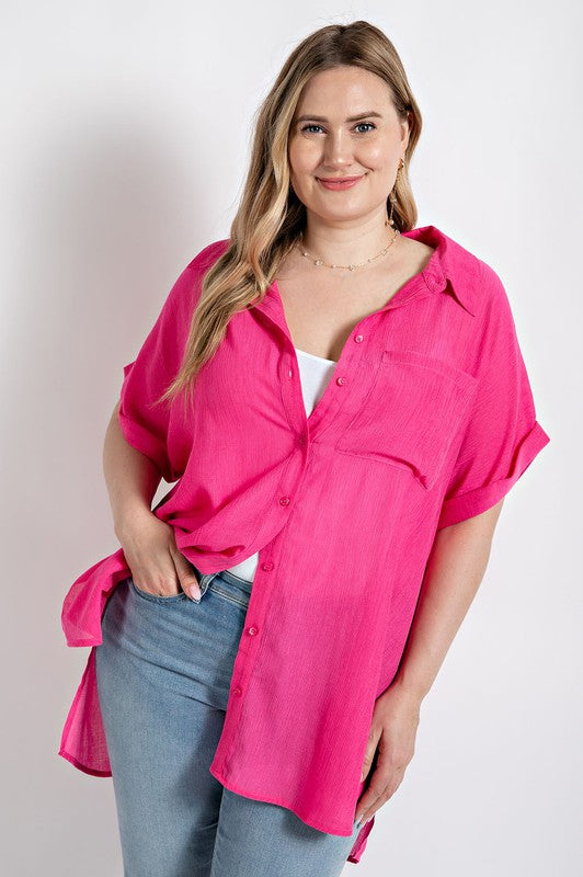 Crinkle Oversized Button Down Shirts - Curvy Size