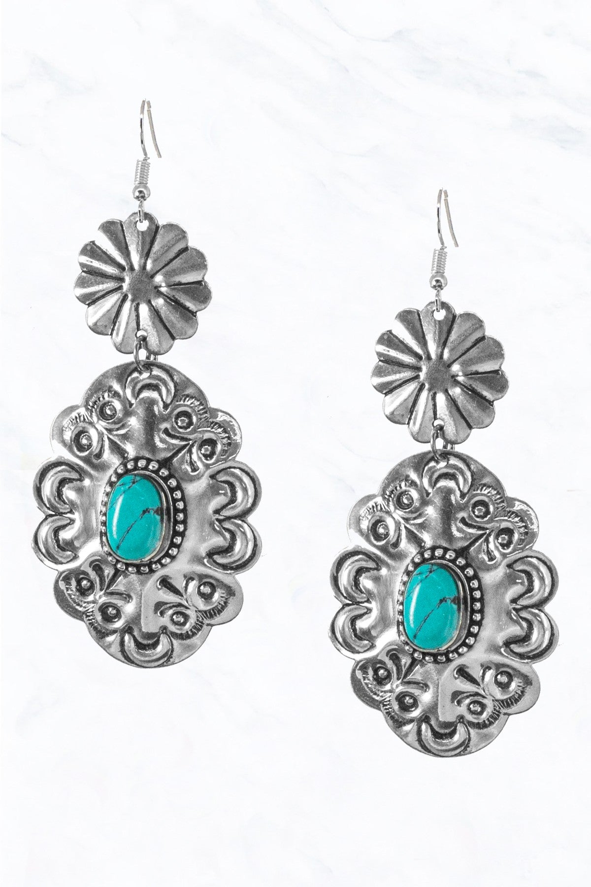 Oval Concho with Turquoise Stone Dangle Earrings