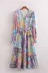Multi Print Long Sleeve V-neck Ruffle Dress