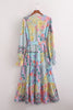 Multi Print Long Sleeve V-neck Ruffle Dress