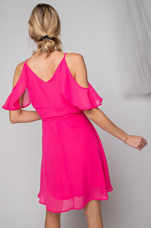 Hot Pink Cold Shoulder Flutter Dress