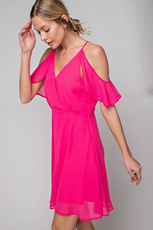 Hot Pink Cold Shoulder Flutter Dress