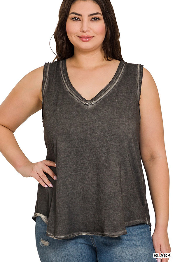 SALE Washed Raw Edge V-neck Tank Top - Curvy Size -3 Colors