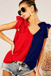 American Flag V Neck Top with Shoulder Ribbon Tied