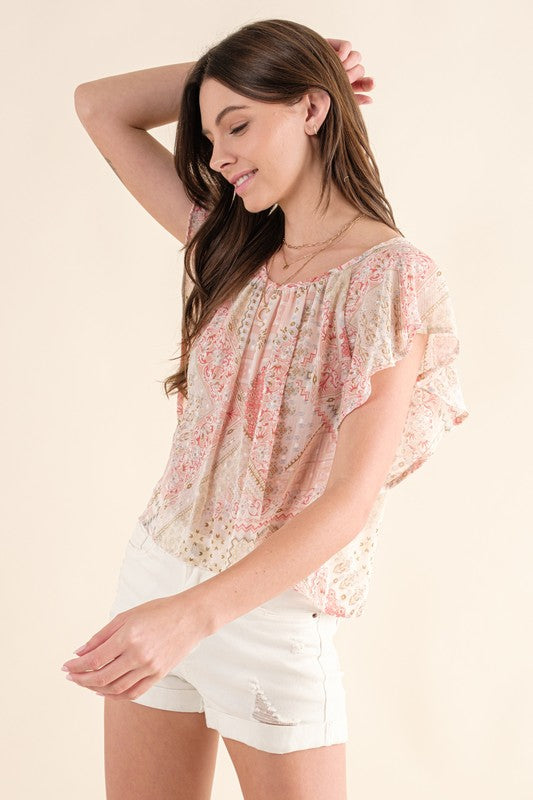XMAS in July -Jacquard Paisley Tie front Blouse
