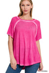 XMAS July Washed Short Sleeve Boat-neck Top w/Hi-Low Hem - 9 Colors