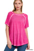 XMAS July Washed Short Sleeve Boat-neck Top w/Hi-Low Hem - 9 Colors