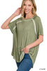 XMAS July Washed Short Sleeve Boat-neck Top w/Hi-Low Hem - 9 Colors