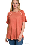 XMAS July Washed Short Sleeve Boat-neck Top w/Hi-Low Hem - 9 Colors