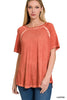 XMAS July Washed Short Sleeve Boat-neck Top w/Hi-Low Hem - 9 Colors