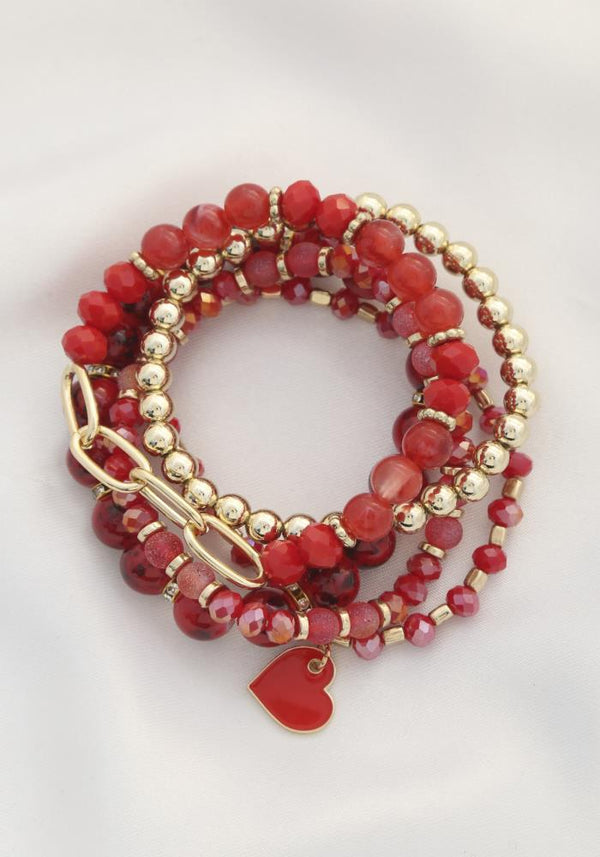 Heart Charm Beaded Bracelet Set - 3 Colors