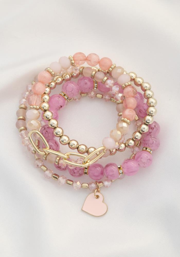 Heart Charm Beaded Bracelet Set - 3 Colors