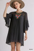 Embroidered Yoke 3/4 Bell Sleeve Dress with Keyhole Back