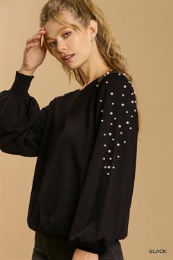 Round Neck Pullover Sweater with Long Sleeve Pearl Details