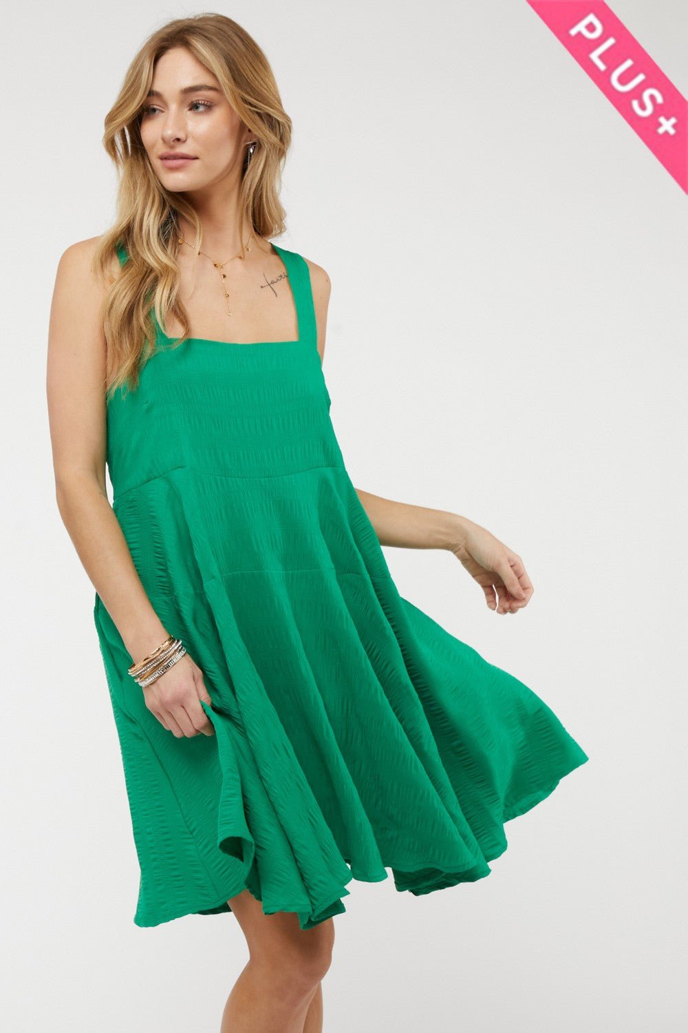 SALE Green Solid Smocked Ruffle Mini Dress - Curvy Size - Blush & Cactus