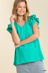 V-Neck Double Layered Flutter Sleeve Blouse with No Lining