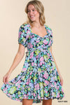 Floral Sweetheart Neckline Tiered Dress with Puff Sleeves, Ruffle Trim Detail, and Smocked Back