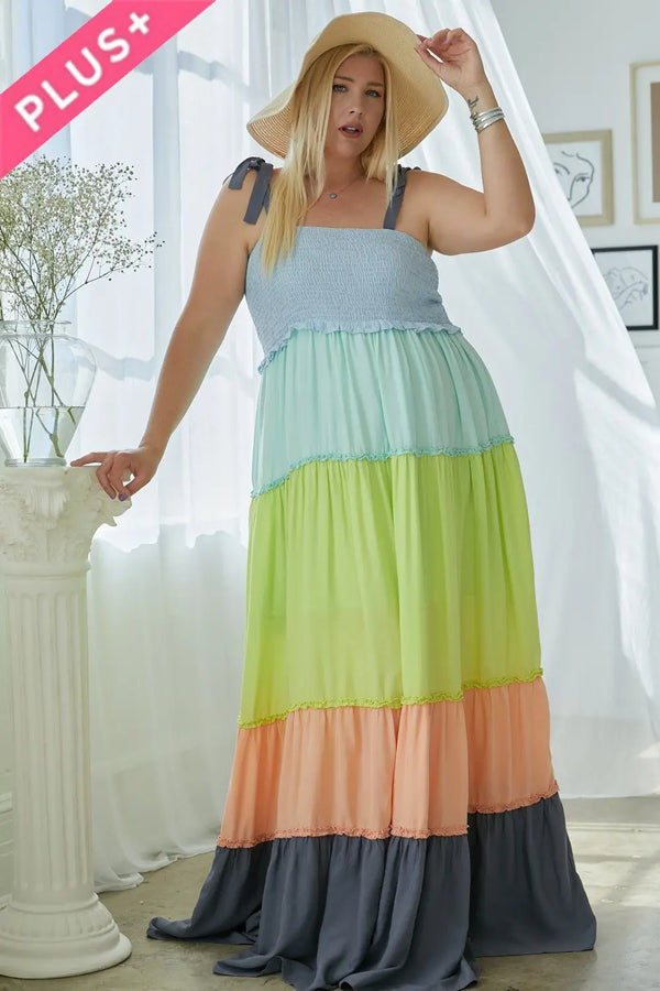 XMAS in July- Multi Color Block Smocked Maxi Dress - Curvy Size