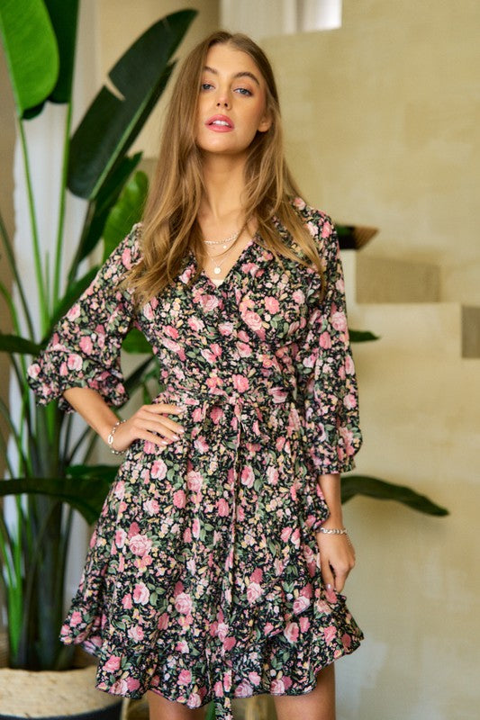 XMAS in July -3/4 Sleeve Length Floral Print with Fringe Dress