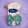 Teal Glitter Flake Cactus Inset Dangle Earrings
