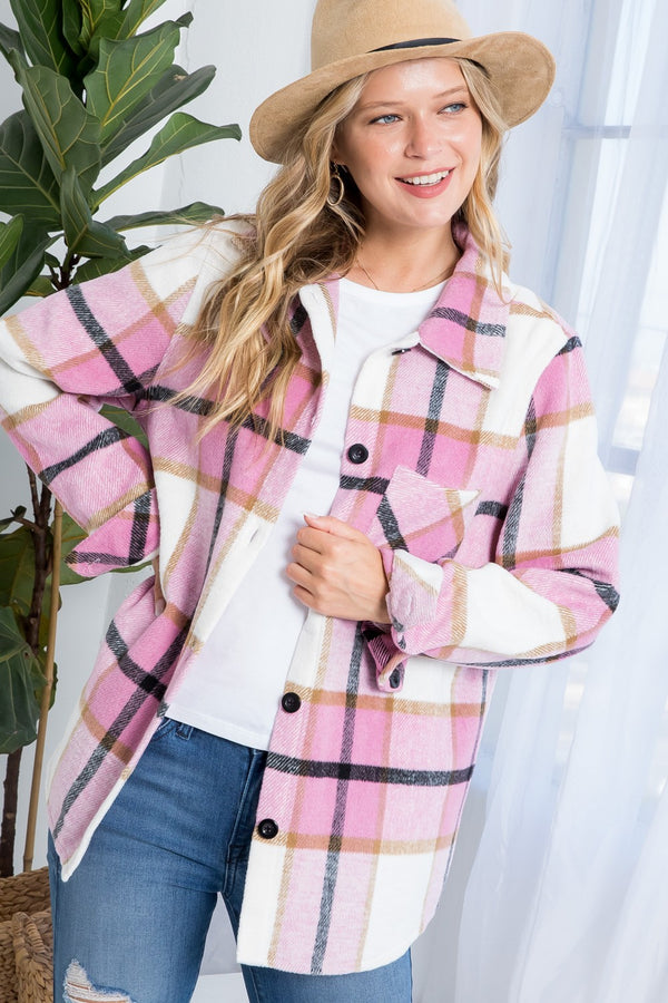 BEST SELLER Pink Plaid Boyfriend Fit Shacket - Chest Pocket - Curvy size
