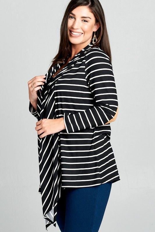 NEW Striped Patch Elbow Open Front Cardigan - Curvy Size