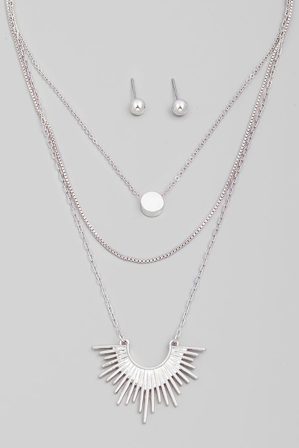 Layered Chain Sun Ray Pendant Necklace Set - 2 Colors
