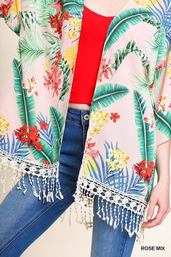 SALE Tropical Floral Print Open Front Kimono with Crochet Trim