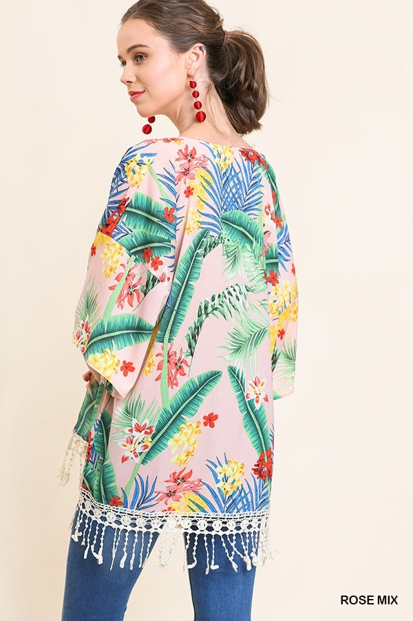 SALE Tropical Floral Print Open Front Kimono with Crochet Trim