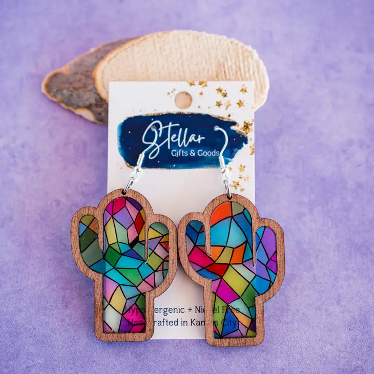 Stained Glass Cactus Inset Dangle Earrings