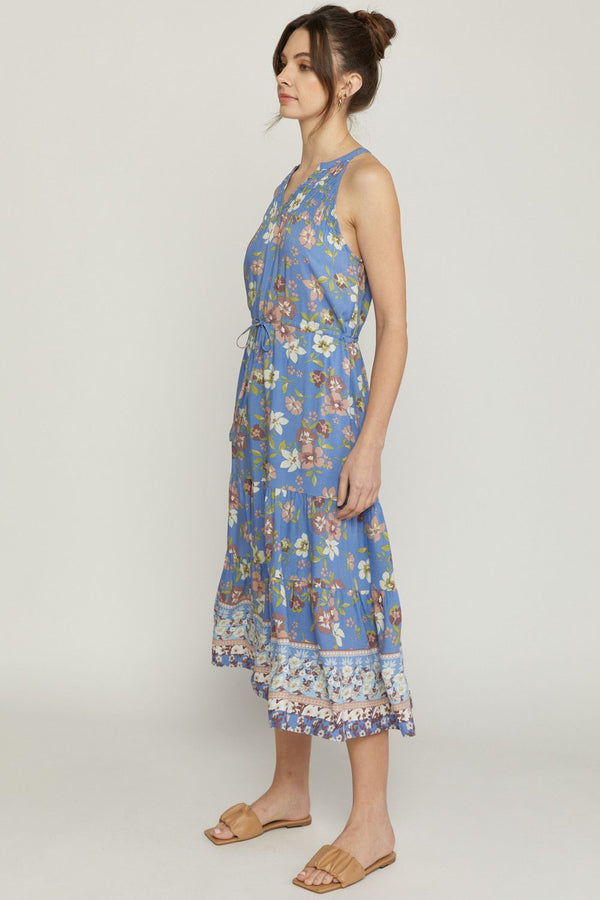 Floral Print v-neck Sleeveless Tiered Midi Dress