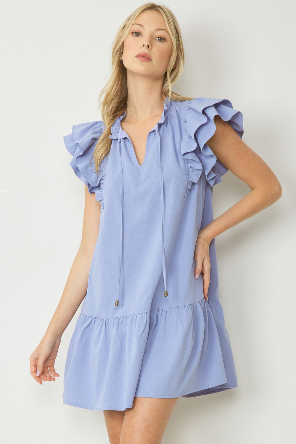 V-neck Ruffle Sleeve tiered mini dress featuring self tie closure at front neck - 2 Colors