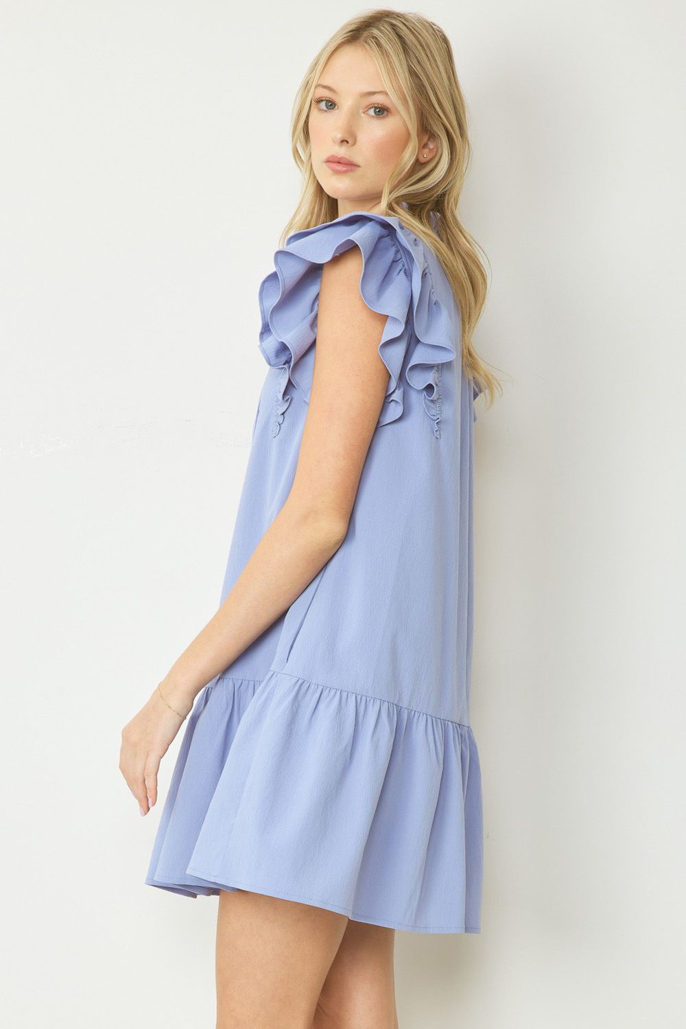 V-neck Ruffle Sleeve tiered mini dress featuring self tie closure at front neck - 2 Colors