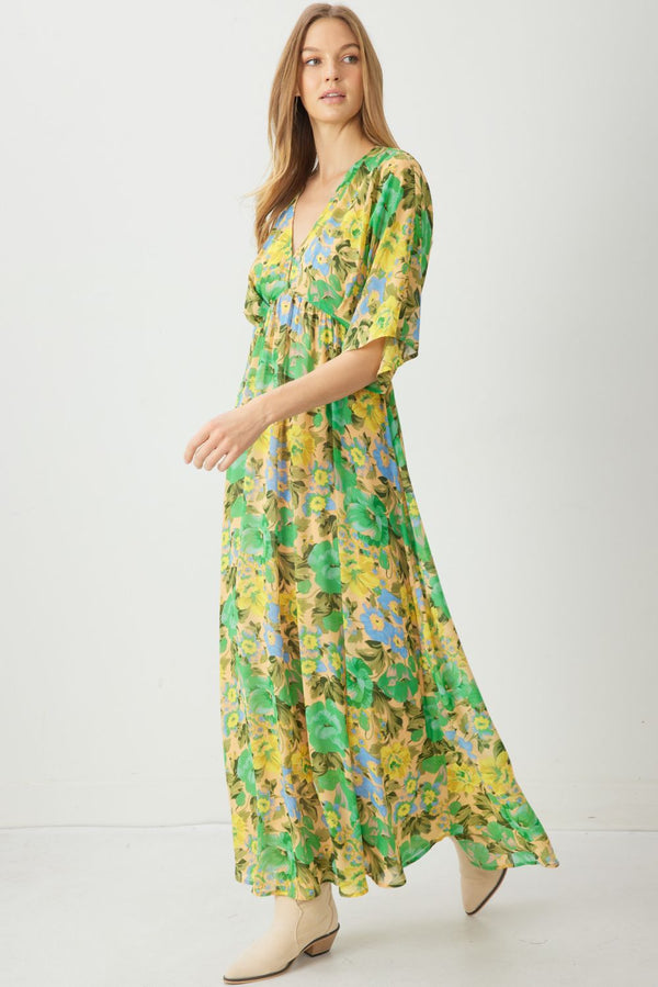 SALE Floral Print deep v-neck 1/2 sleeve maxi dress