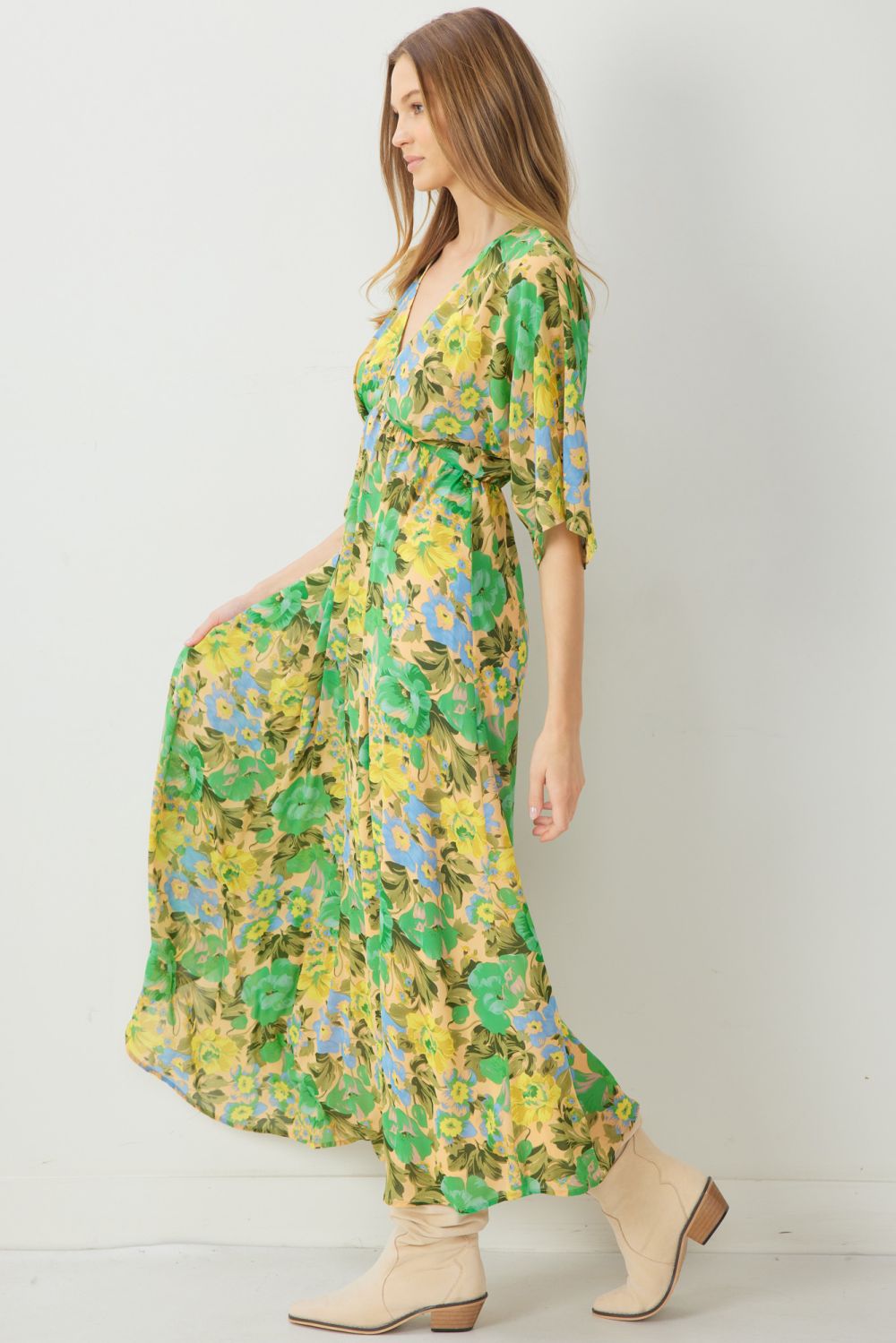 SALE Floral Print deep v-neck 1/2 sleeve maxi dress