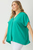 Solid v-neck short sleeve top featuring placket detail at neckline - Curvy Size