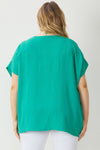 Solid v-neck short sleeve top featuring placket detail at neckline - Curvy Size