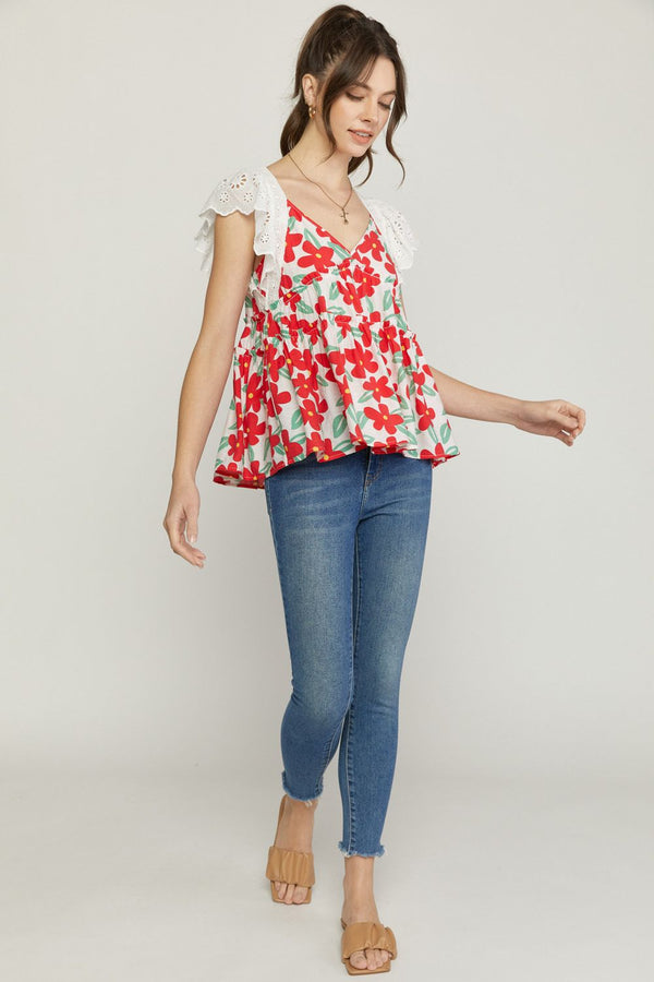 XMAS July -Floral Print V-neck Tiered Top
