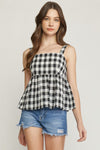 Gingham Print Square Neck Sleeveless Peplum Top