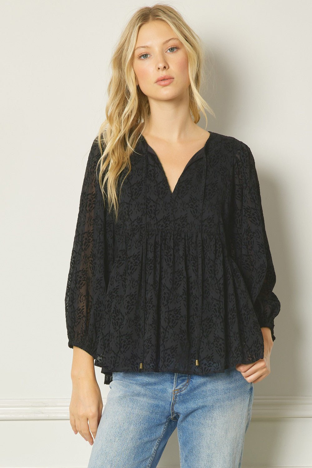 Velvet Jacquard v - neck long sleeve top - Blush & Cactus