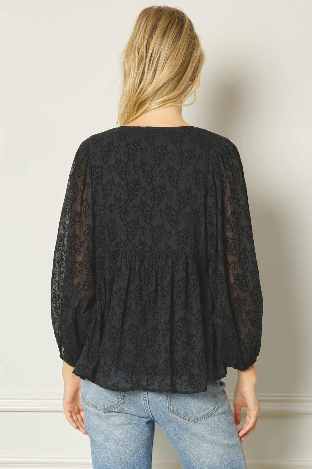 Velvet Jacquard v - neck long sleeve top - Blush & Cactus