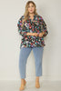 SALE Print v-neck 3/4 sleeve top featuring ruffle detail at neckline - Curvy Size