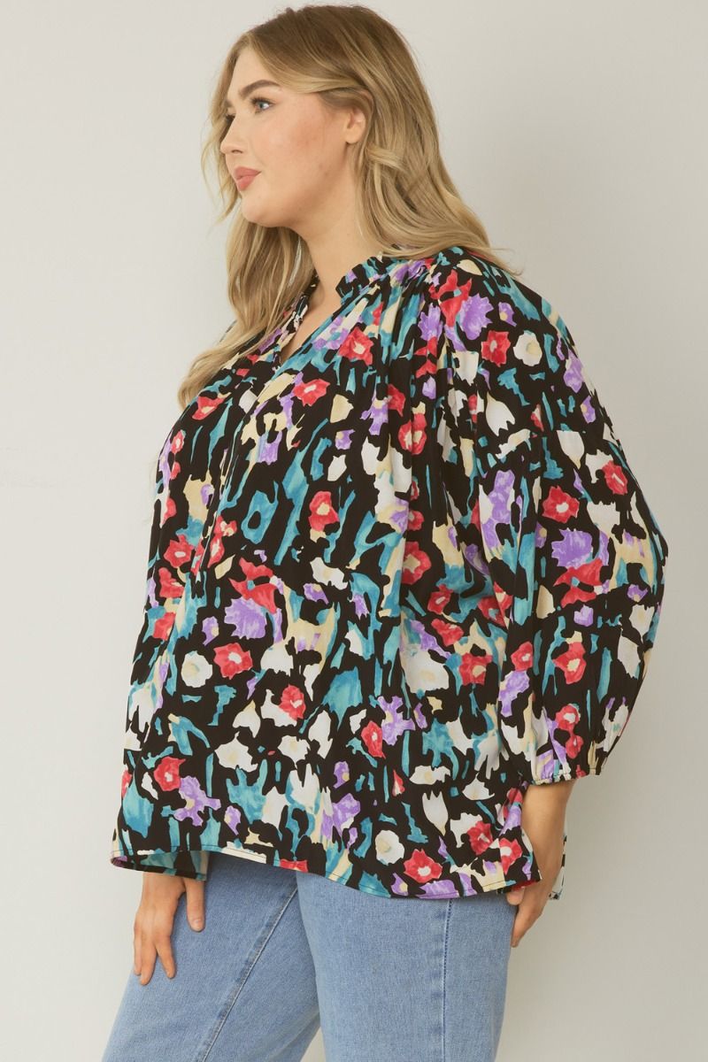 SALE Print v-neck 3/4 sleeve top featuring ruffle detail at neckline - Curvy Size